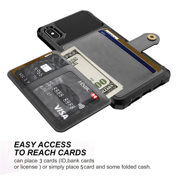 Phone Shockproof Case with Card Cash Slots Cards Holder with Magnetic Buckle for iPhone X/XS/XR/XS Max/6/6S/7/8 Plus/Samsung Galaxy S9/S9 Plus/Note 9