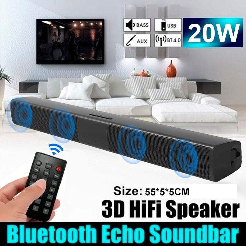 20W Bluetooth TV Sound Bar Wireless Speaker FM Radio AUX 3D Hifi Speaker