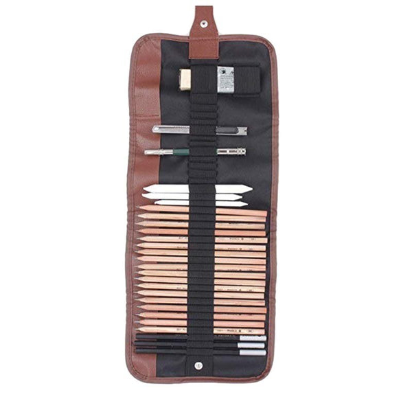 29 Pcs/set Artist Sketching Kit Painting Art Tool Set Art Supplies with Graphite Pencil Charcoal Pencil Paper Stumps Eraser Canvas Roll Up Pencil Case for Beginners