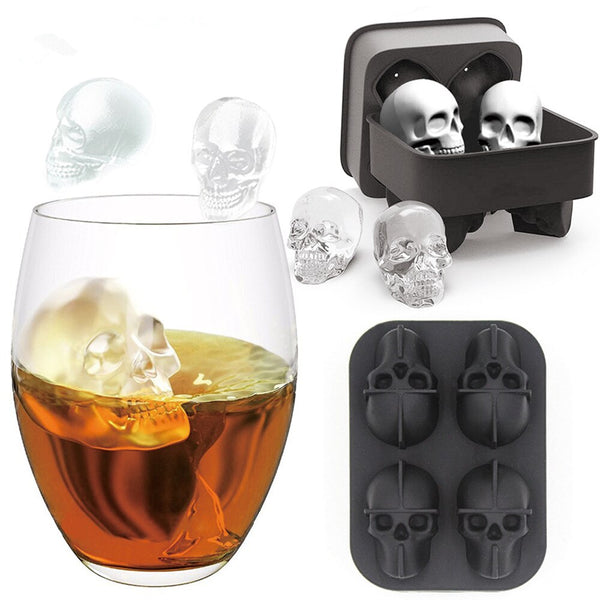 4 In 1 3D Skull Ice Cube Mold Silicone Ice Cube Maker Tray for Halloween Whisky Cocktails