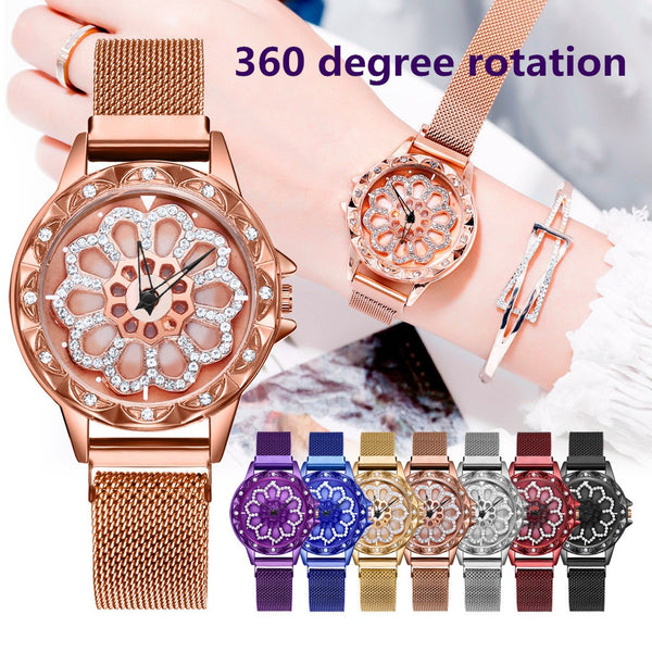 Women Lucky Flower Watch with Magnetic Buckle Watchband 360° Rotating Crystal Bezel