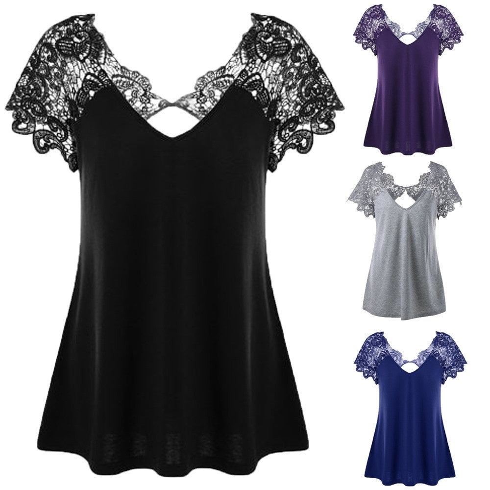 Women's V-Neck Lace Short Sleeve Tops Elegant Blouse T-Shirt
