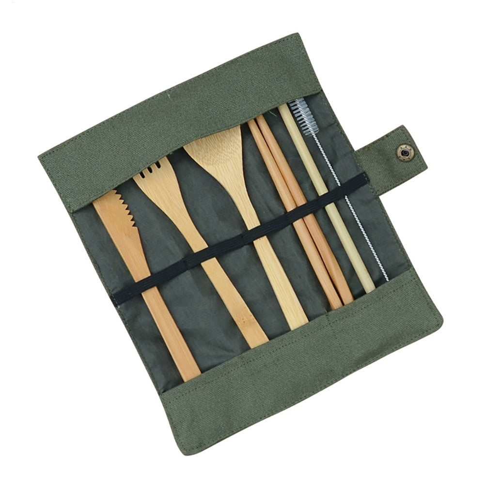 Bambu Bestick Set Utomhus Bestick Bärbar Kniv Gaffel Sked Halm Med Tygväska