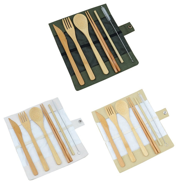 Bambu Bestick Set Utomhus Bestick Bärbar Kniv Gaffel Sked Halm Med Tygväska