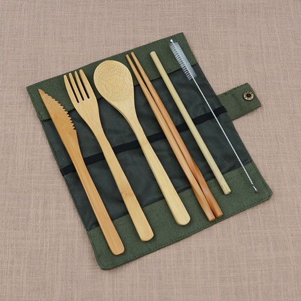 Bambu Bestick Set Utomhus Bestick Bärbar Kniv Gaffel Sked Halm Med Tygväska
