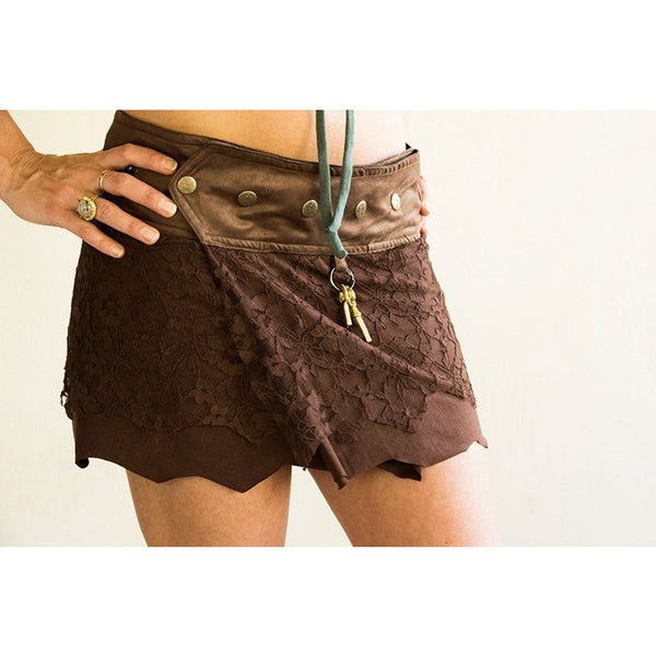 Women's Lace Split Short Dress Above-knee Patchwork Rivet Dresses A-line Asymmetrical Low Waist Short Skirts