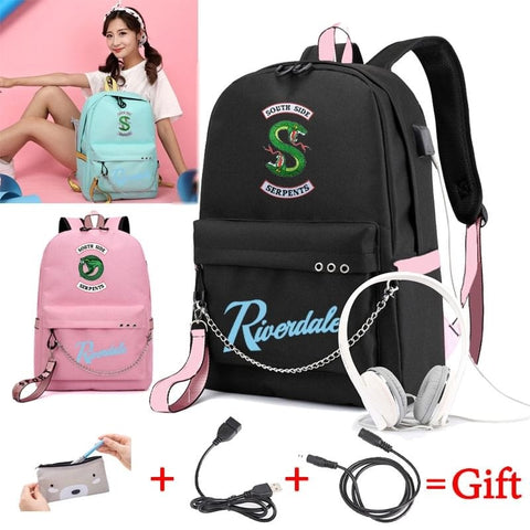 Girls School Backpack with USB Charging Port Snake Pattern Laptop Bags with Pencil Case