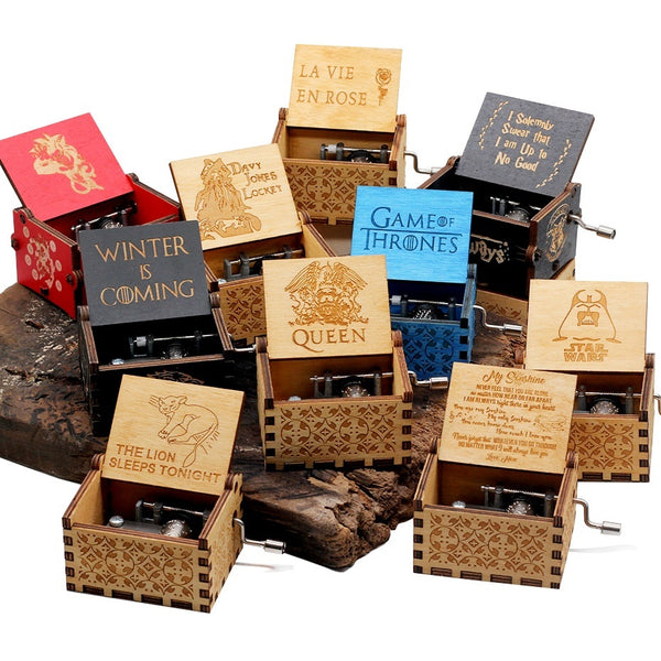 Wooden Carved Music Box Vintage Hand Cranked Music Boxes Handmade Gift