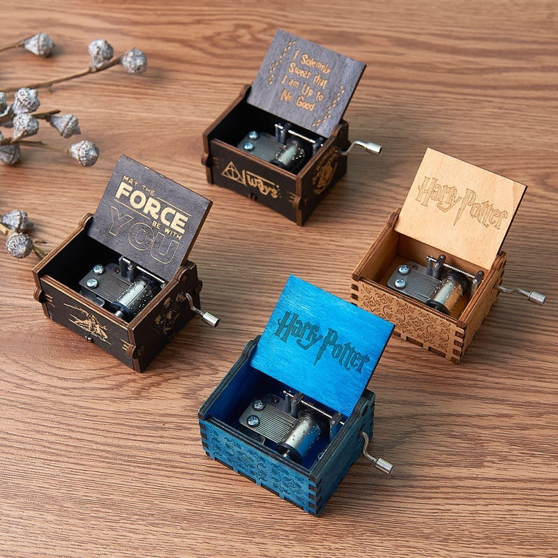Wooden Carved Music Box Vintage Hand Cranked Music Boxes Handmade Gift