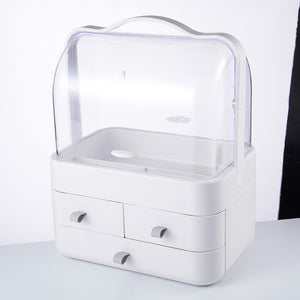 Portable Transparent Cosmetics Storage Box Large Capacity Makeup Organizer with Dustproof Waterproof Cover 3 Drawers Handle