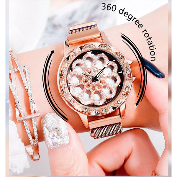 Women Lucky Flower Watch with Magnetic Buckle Watchband 360° Rotating Crystal Bezel