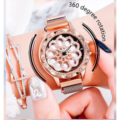 Women Lucky Flower Watch with Magnetic Buckle Watchband 360° Rotating Crystal Bezel