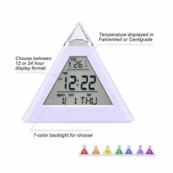 Digital Triangle Alarm Clock Battery-powered Adjustable Thermometer Clock with LCD Display 7 Colors Night Lights