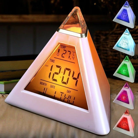 Digital Triangle Alarm Clock Battery-powered Adjustable Thermometer Clock with LCD Display 7 Colors Night Lights