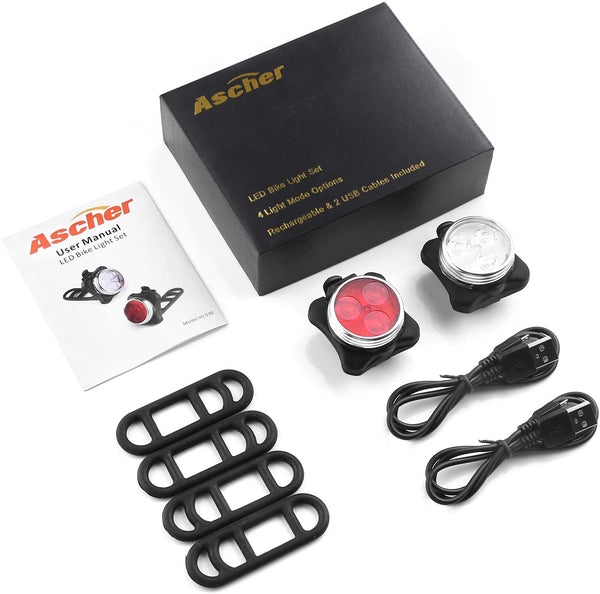 USB Rechargeable Bike Light Set Headlight and Tailight Set 4 Modes 650mah Lithium Battery