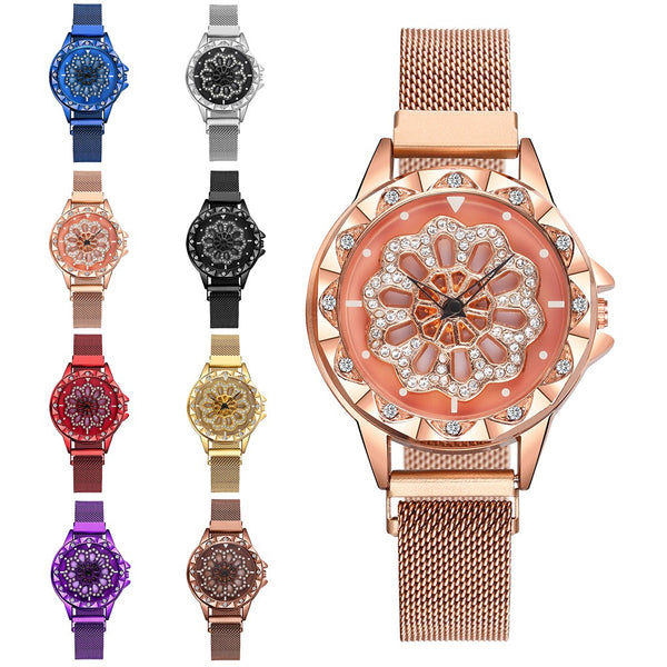 Women Lucky Flower Watch with Magnetic Buckle Watchband 360° Rotating Crystal Bezel