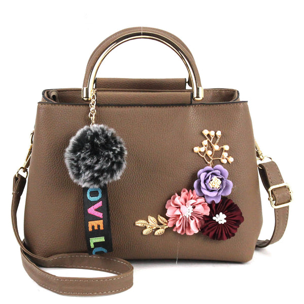 Women Flower Leather Shoulder Bags Floral Handbag with Adjustable Strap Metal Handle Fur Ball Keychain
