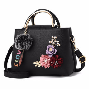 Women Flower Leather Shoulder Bags Floral Handbag with Adjustable Strap Metal Handle Fur Ball Keychain