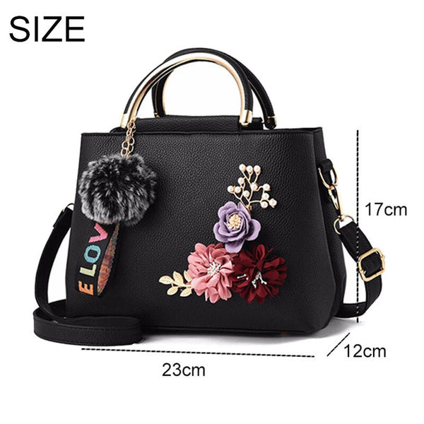 Women Flower Leather Shoulder Bags Floral Handbag with Adjustable Strap Metal Handle Fur Ball Keychain
