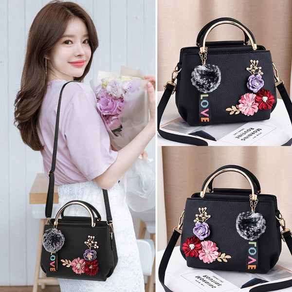 Women Flower Leather Shoulder Bags Floral Handbag with Adjustable Strap Metal Handle Fur Ball Keychain