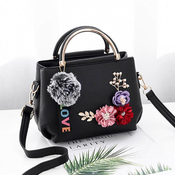 Women Flower Leather Shoulder Bags Floral Handbag with Adjustable Strap Metal Handle Fur Ball Keychain