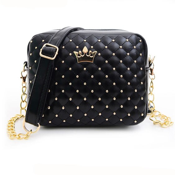 Women Rivet Chain Shoulder Bag Golden Crown Messenger Bags Leather Zipper Crossbody Bag