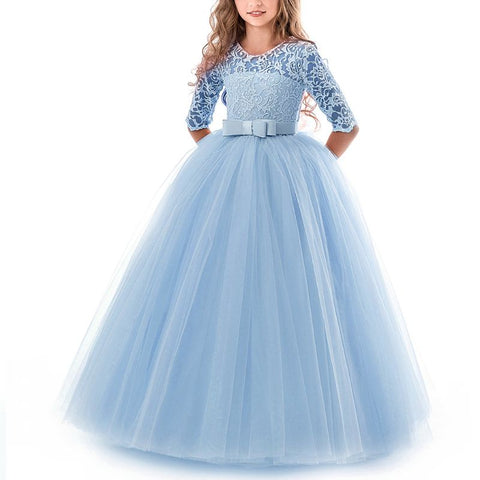 Girls Lace Formal Dress Bowknot 3/4 Sleeve Maxi Dress Wedding Performance Tutu Party Dresses