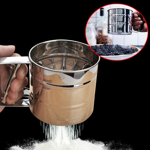 Stainless Steel Handheld Flour Sifter Sugar Shaker with Hand Press Design Baking Sieve Cup