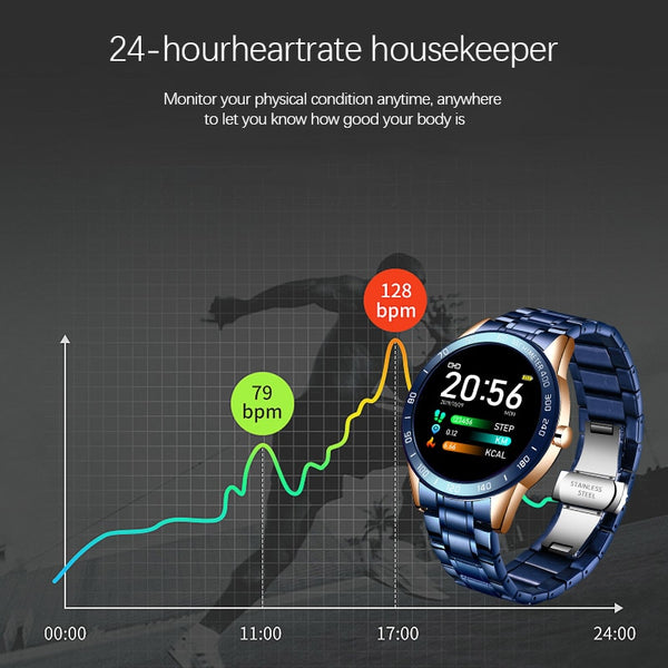 Men IP67 Waterproof Smart Fitness Tracker Heart Rate Blood Pressure Monitor with Multifunctional Mode Stainless Steel Strap