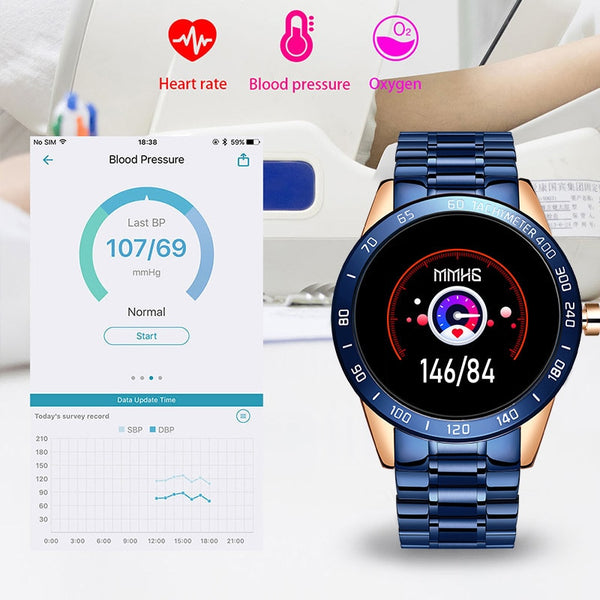 Men IP67 Waterproof Smart Fitness Tracker Heart Rate Blood Pressure Monitor with Multifunctional Mode Stainless Steel Strap