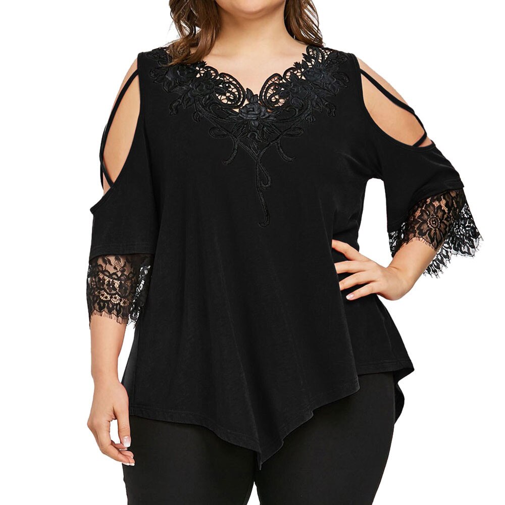 Women Lace Cold Shoulder T-Shirt V-Neck Casual Top Plus Size Short Sleeve Blouse