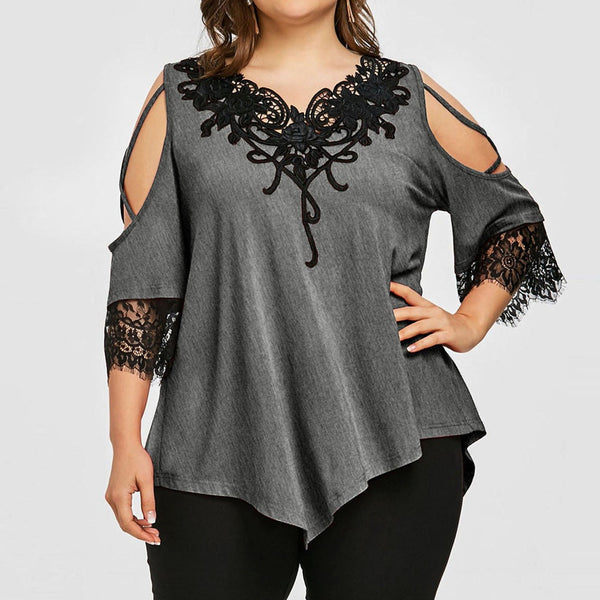 Women Lace Cold Shoulder T-Shirt V-Neck Casual Top Plus Size Short Sleeve Blouse