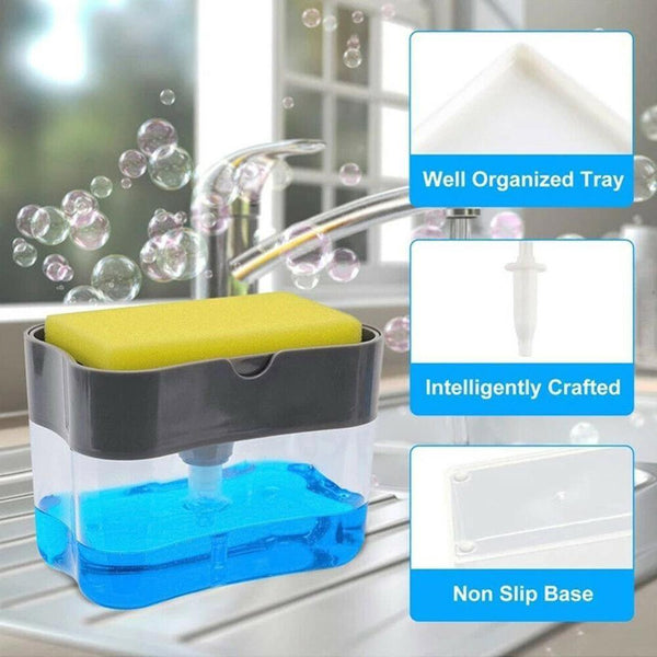 2 In 1 Kitchen Soap Dispenser with Sponge Holder Plastic Sink Storage Box Push Down Pump Dispensers
