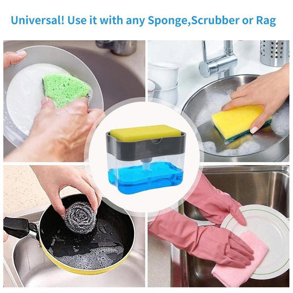 2 In 1 Kitchen Soap Dispenser with Sponge Holder Plastic Sink Storage Box Push Down Pump Dispensers