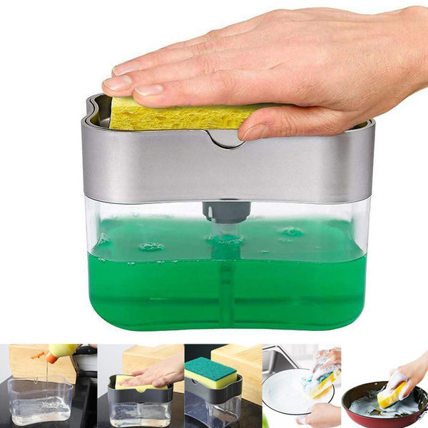 2 In 1 Kitchen Soap Dispenser with Sponge Holder Plastic Sink Storage Box Push Down Pump Dispensers