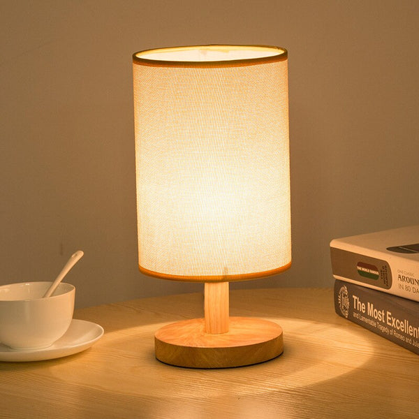 Solid Wood Table Lamp Simple Bedside Lamps with Linen Shape Warm Light for Bedroom Living Room Study