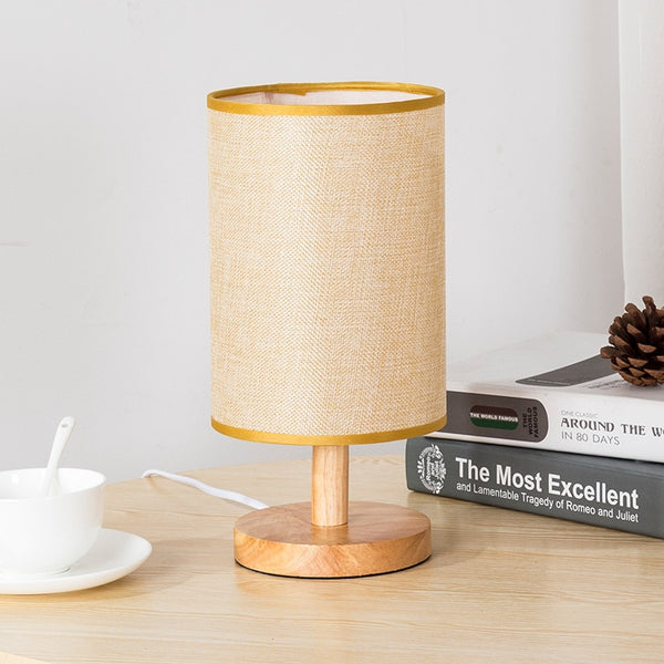 Solid Wood Table Lamp Simple Bedside Lamps with Linen Shape Warm Light for Bedroom Living Room Study
