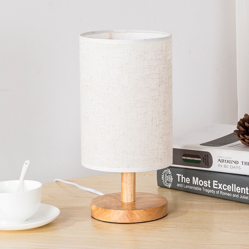 Solid Wood Table Lamp Simple Bedside Lamps with Linen Shape Warm Light for Bedroom Living Room Study