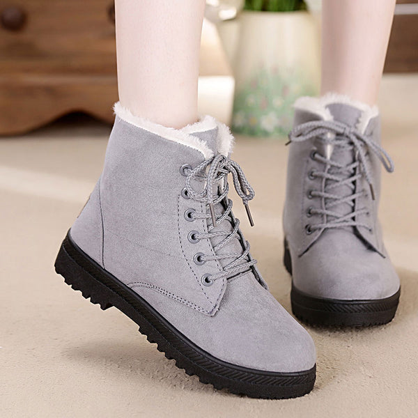 Women Winter Snow Boots Warm Fur Lining Ankle Boot Round Toe Lace-up Shoes