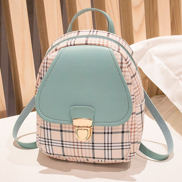 Female Mini Plaid Backpack Zipper Crossbody Bag with Front Pocket Headphone Hole