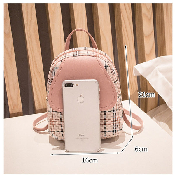 Female Mini Plaid Backpack Zipper Crossbody Bag with Front Pocket Headphone Hole