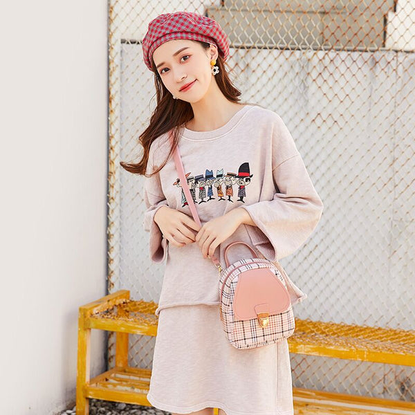 Female Mini Plaid Backpack Zipper Crossbody Bag with Front Pocket Headphone Hole