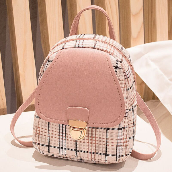Female Mini Plaid Backpack Zipper Crossbody Bag with Front Pocket Headphone Hole