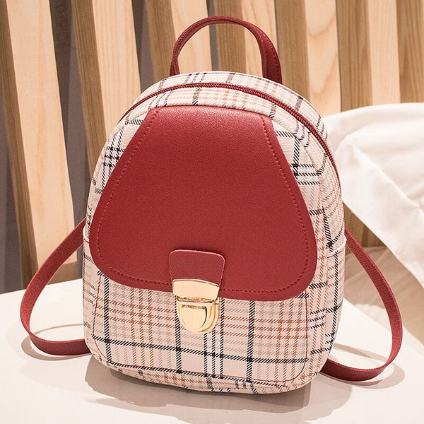 Female Mini Plaid Backpack Zipper Crossbody Bag with Front Pocket Headphone Hole