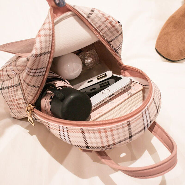Female Mini Plaid Backpack Zipper Crossbody Bag with Front Pocket Headphone Hole