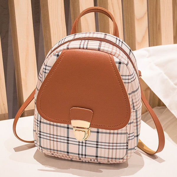 Female Mini Plaid Backpack Zipper Crossbody Bag with Front Pocket Headphone Hole