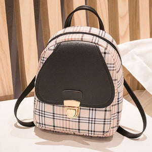 Female Mini Plaid Backpack Zipper Crossbody Bag with Front Pocket Headphone Hole