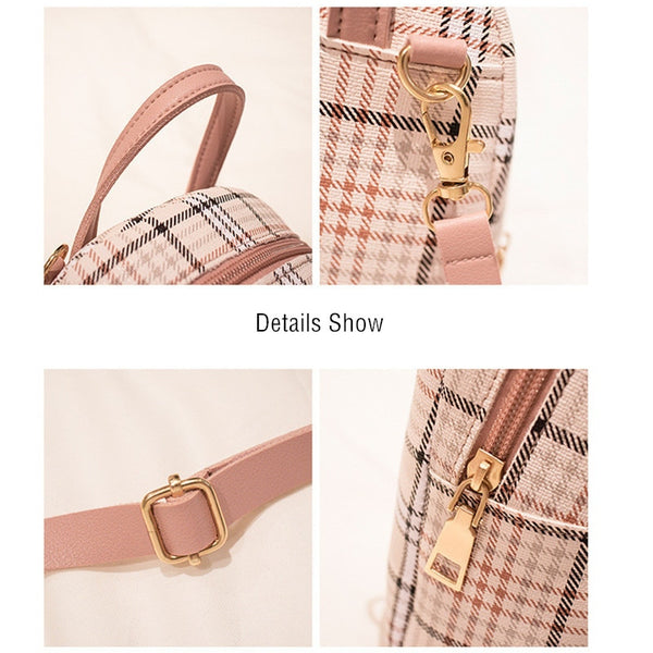 Female Mini Plaid Backpack Zipper Crossbody Bag with Front Pocket Headphone Hole