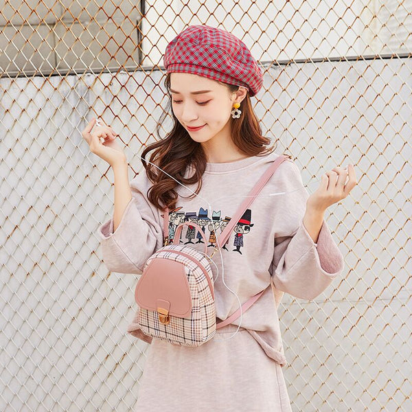 Female Mini Plaid Backpack Zipper Crossbody Bag with Front Pocket Headphone Hole