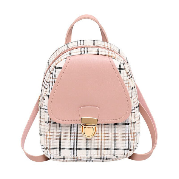 Female Mini Plaid Backpack Zipper Crossbody Bag with Front Pocket Headphone Hole